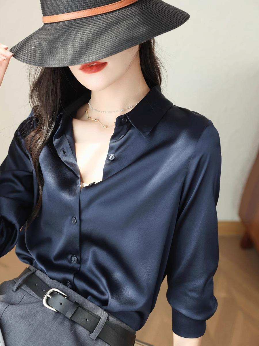 #RapikiStore 純色正裝襯衫/高級絲質辦公上衣 純色休閒款 12 種柔和色彩 #W443 - 灰銀色，XXL