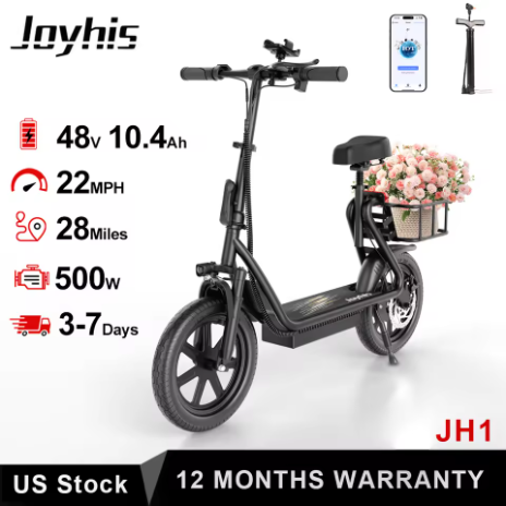JOYHIS JH1 成人電動滑板車，帶座椅，最高時速 20 英里/小時，500W 電機，48V/10.4Ah 電池，寬腳踏板和加高儲物籃